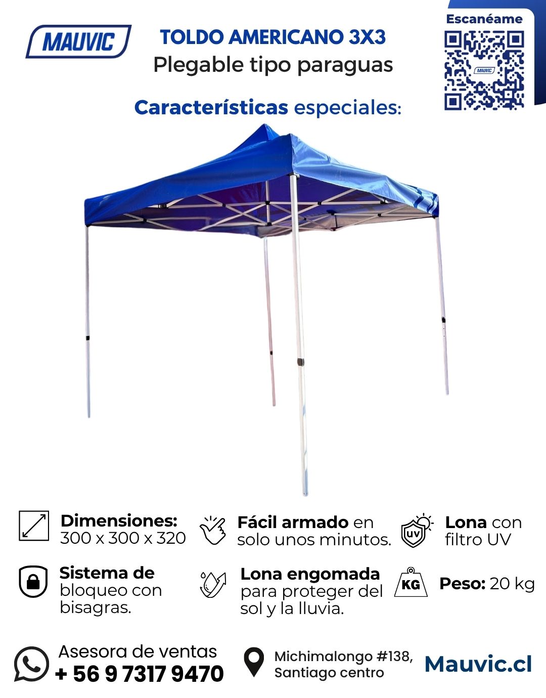 Toldo plegable americano 3x3 | color azul - Imagen 5
