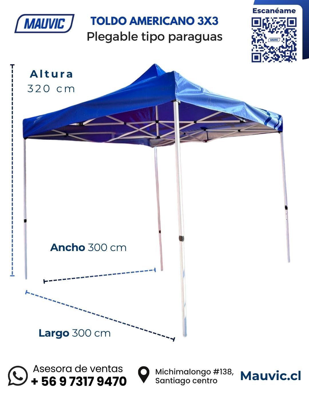 Toldo plegable americano 3x3 | color azul - Imagen 6