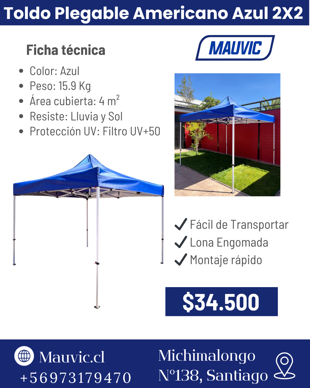 Toldo americano premium con filtro UV 2×2 | Azul - Imagen 7